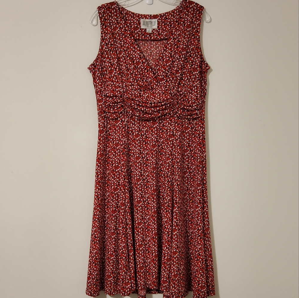 Julian Taylor New York Red/BlackWhite Sleeveless Surplice Ruched  Midi Dress